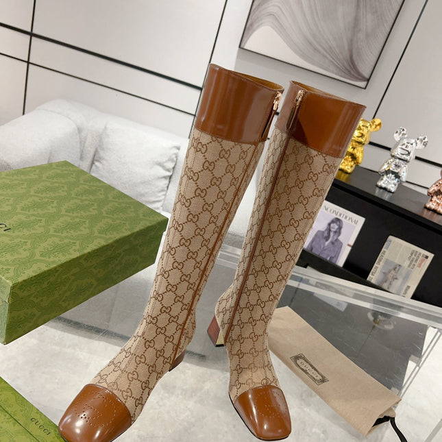 GG KNEE BOOTS IN BRONZE BROWN MONOGRAM CANVAS AND GLOSSY SHEEPSKIN