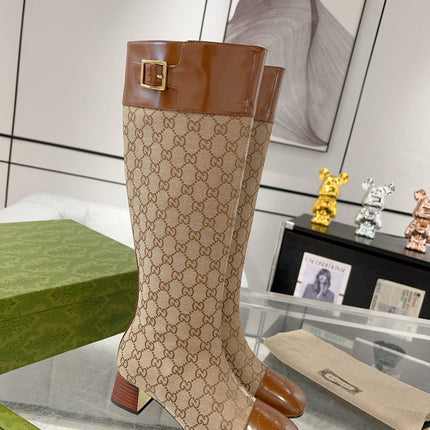 GG KNEE BOOTS IN BRONZE BROWN MONOGRAM CANVAS AND GLOSSY SHEEPSKIN