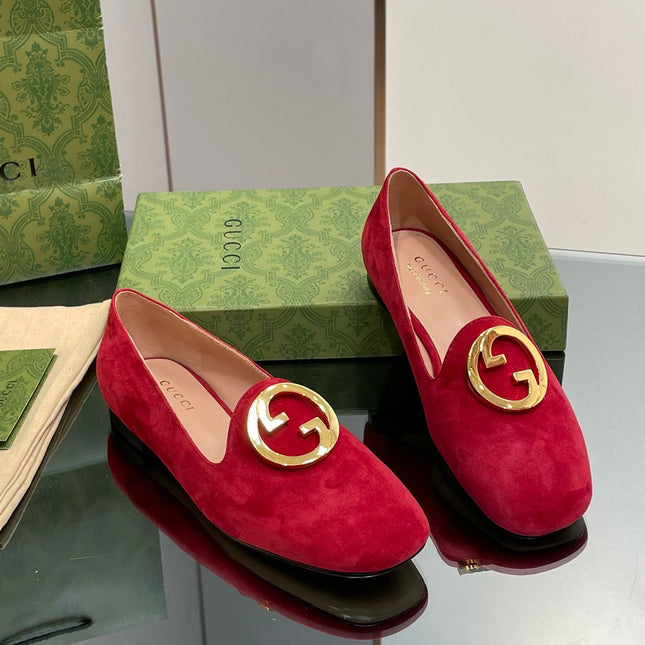 BLONDIE LOGO-PLAQUE LOAFERS IN CRIMSON RED SUEDE WITH GOLD HARDWARE