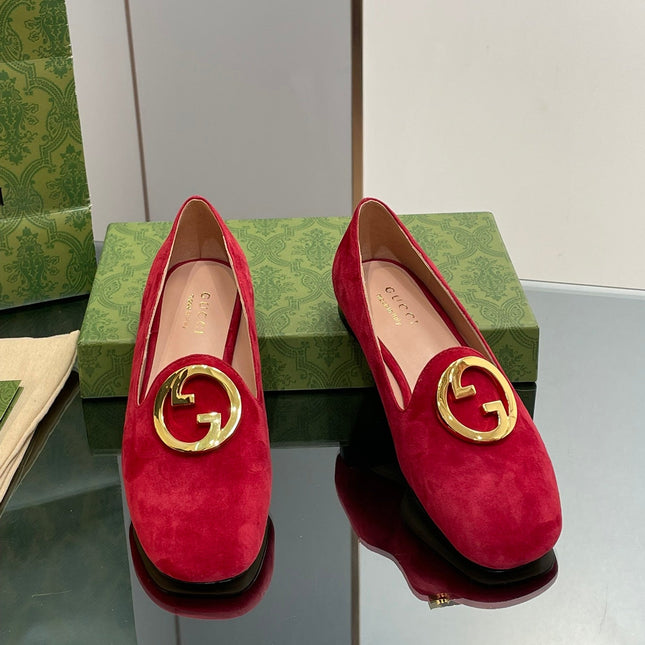 BLONDIE LOGO-PLAQUE LOAFERS IN CRIMSON RED SUEDE WITH GOLD HARDWARE