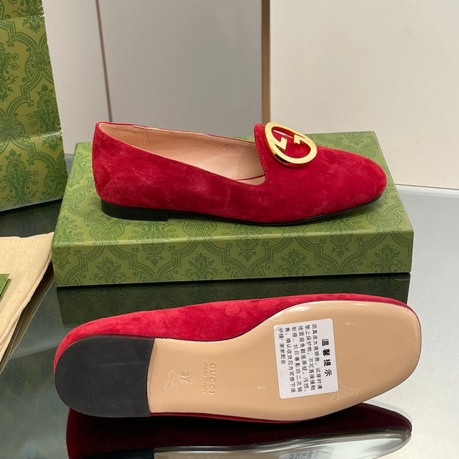 BLONDIE LOGO-PLAQUE LOAFERS IN CRIMSON RED SUEDE WITH GOLD HARDWARE