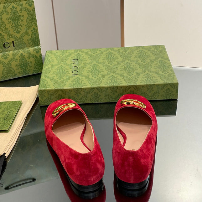 BLONDIE LOGO-PLAQUE LOAFERS IN CRIMSON RED SUEDE WITH GOLD HARDWARE