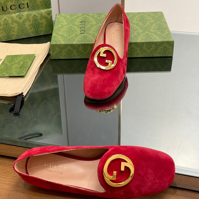 BLONDIE LOGO-PLAQUE LOAFERS IN CRIMSON RED SUEDE WITH GOLD HARDWARE