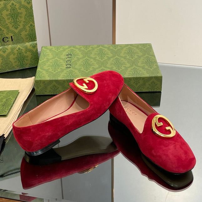 BLONDIE LOGO-PLAQUE LOAFERS IN CRIMSON RED SUEDE WITH GOLD HARDWARE