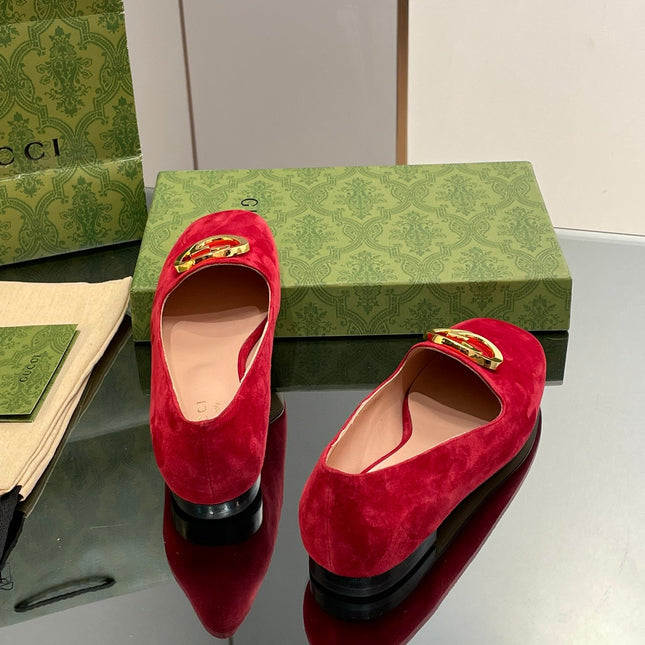 BLONDIE LOGO-PLAQUE LOAFERS IN CRIMSON RED SUEDE WITH GOLD HARDWARE