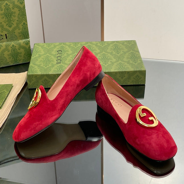 BLONDIE LOGO-PLAQUE LOAFERS IN CRIMSON RED SUEDE WITH GOLD HARDWARE