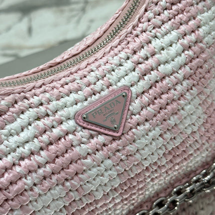 CROCHET HOBO BAG 22 IN PINK MIX WHITE RAFFIA SILVER HARDWARE