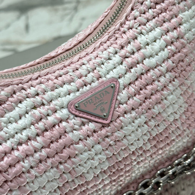CROCHET HOBO BAG 22 IN PINK MIX WHITE RAFFIA SILVER HARDWARE