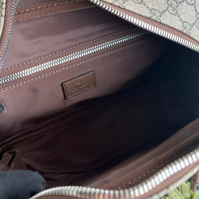 OPHIDIA MEDIUM MESSENGER BAG 27 IN BEIGE AND EBONY GG CALFSKIN GREEN RED WEB STRIPE CANVAS