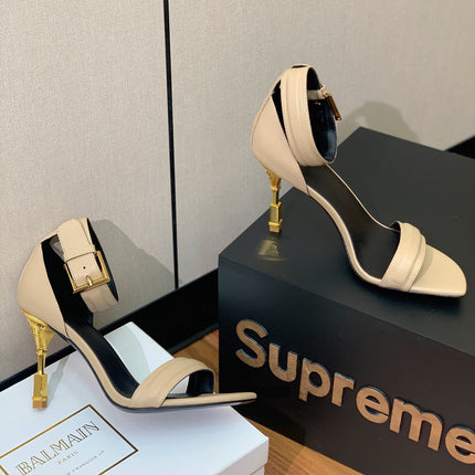 BALMAIN 25S SQUARE STRAP HIGH HEELS 100MM IN BEIGE GRAY CALFSKIN