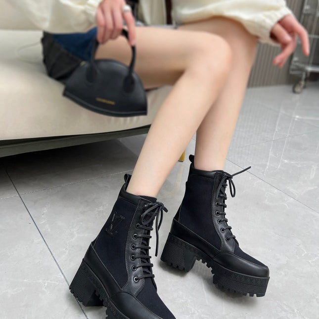 LAUREATE PLATFORM DESERT BOOT IN BLACK JACQUARD AND CALFSKIN
