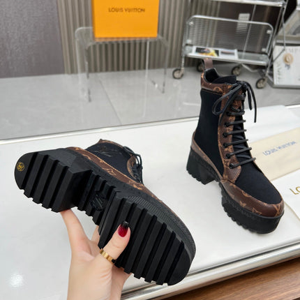 LAUREATE PLATFORM DESERT BOOT IN BLACK JACQUARD AND CHOCOLATE BROWN CALFSKIN