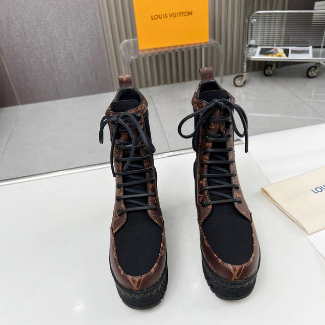 LAUREATE PLATFORM DESERT BOOT IN BLACK JACQUARD AND CHOCOLATE BROWN CALFSKIN