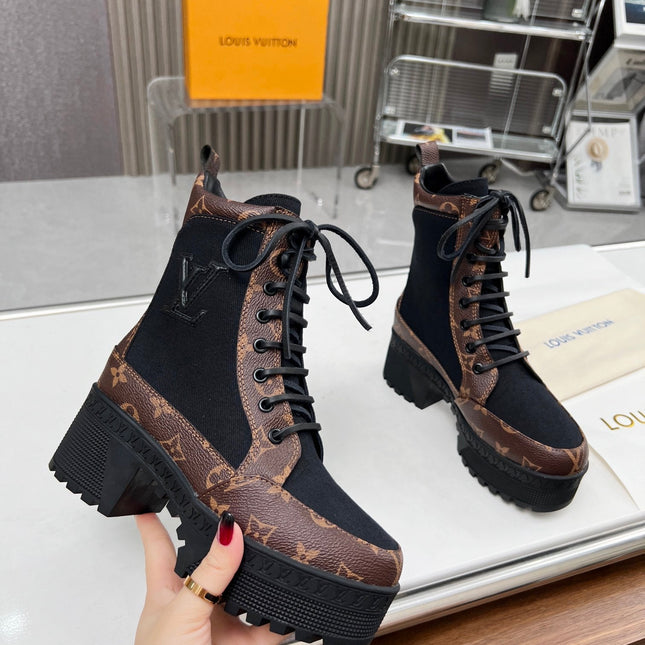 LAUREATE PLATFORM DESERT BOOT IN BLACK JACQUARD AND CHOCOLATE BROWN CALFSKIN