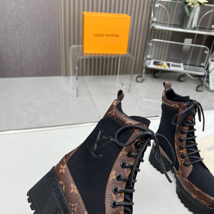 LAUREATE PLATFORM DESERT BOOT IN BLACK JACQUARD AND CHOCOLATE BROWN CALFSKIN