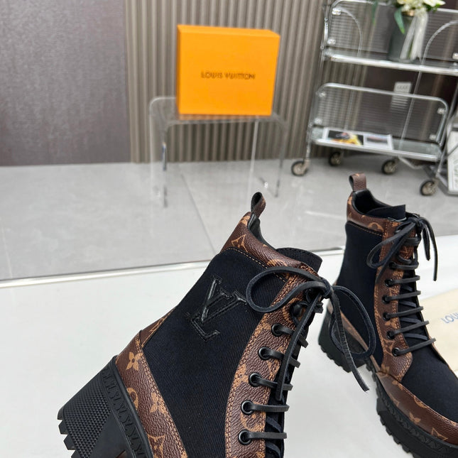 LAUREATE PLATFORM DESERT BOOT IN BLACK JACQUARD AND CHOCOLATE BROWN CALFSKIN
