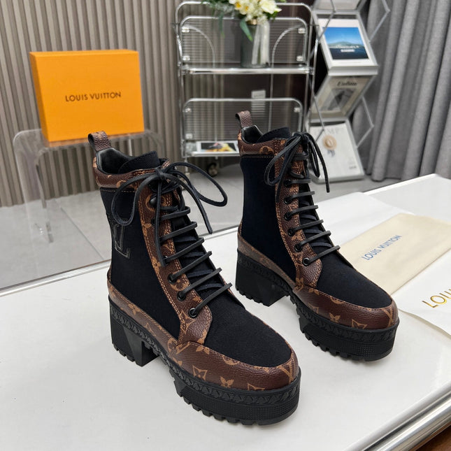 LAUREATE PLATFORM DESERT BOOT IN BLACK JACQUARD AND CHOCOLATE BROWN CALFSKIN