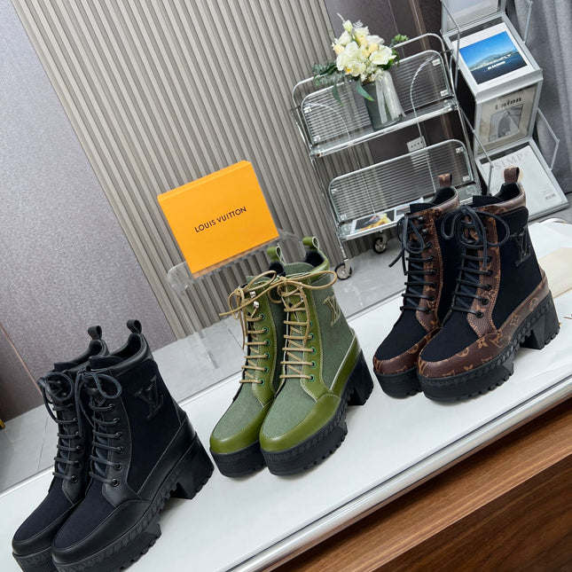 LAUREATE PLATFORM DESERT BOOT IN BLACK JACQUARD AND CHOCOLATE BROWN CALFSKIN