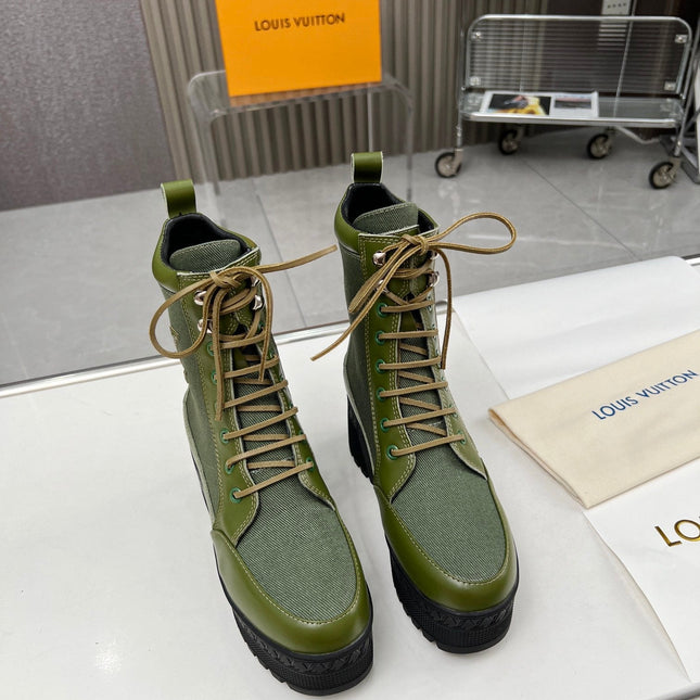 LAUREATE PLATFORM DESERT BOOT IN DARK OLIVE GREEN JACQUARD AND CALFSKIN