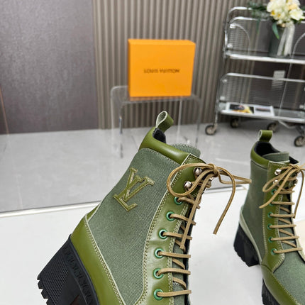 LAUREATE PLATFORM DESERT BOOT IN DARK OLIVE GREEN JACQUARD AND CALFSKIN