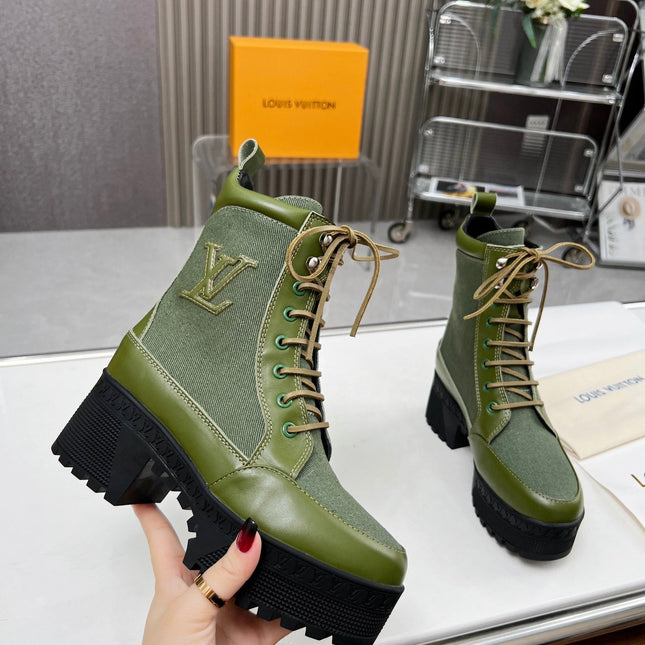 LAUREATE PLATFORM DESERT BOOT IN DARK OLIVE GREEN JACQUARD AND CALFSKIN
