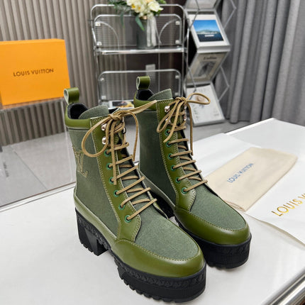 LAUREATE PLATFORM DESERT BOOT IN DARK OLIVE GREEN JACQUARD AND CALFSKIN