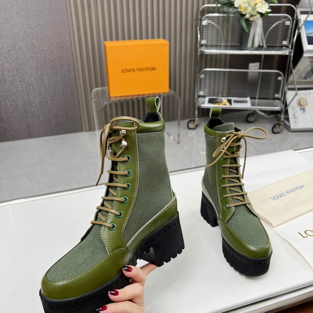 LAUREATE PLATFORM DESERT BOOT IN DARK OLIVE GREEN JACQUARD AND CALFSKIN