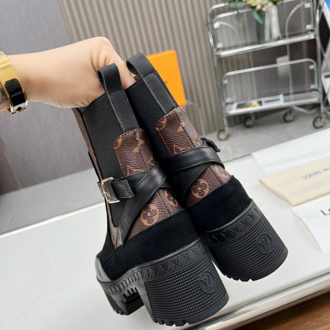 LAUREATE PLATFORM DESERT BOOT IN BLACK SUEDE AND BROWN CALFSKIN