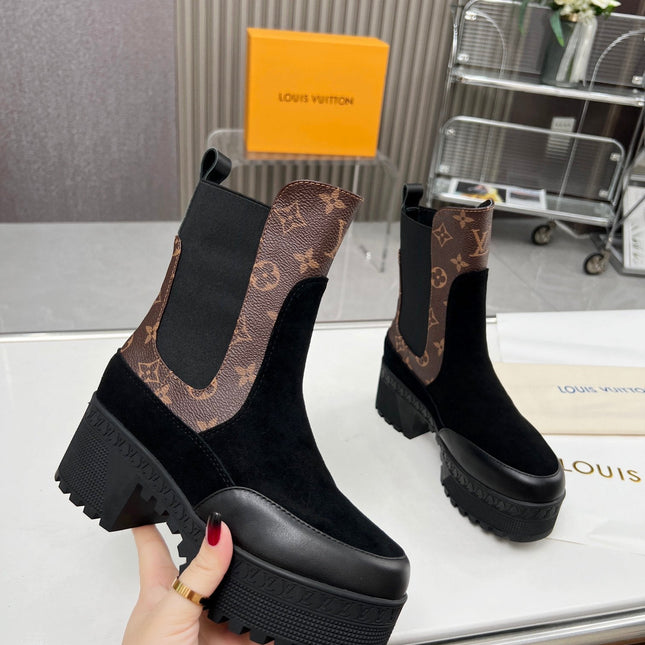 LV WOMEN SHORT BOOT IN BLACK SUEDE AND CHOCOLATE BROWN CALFSKIN