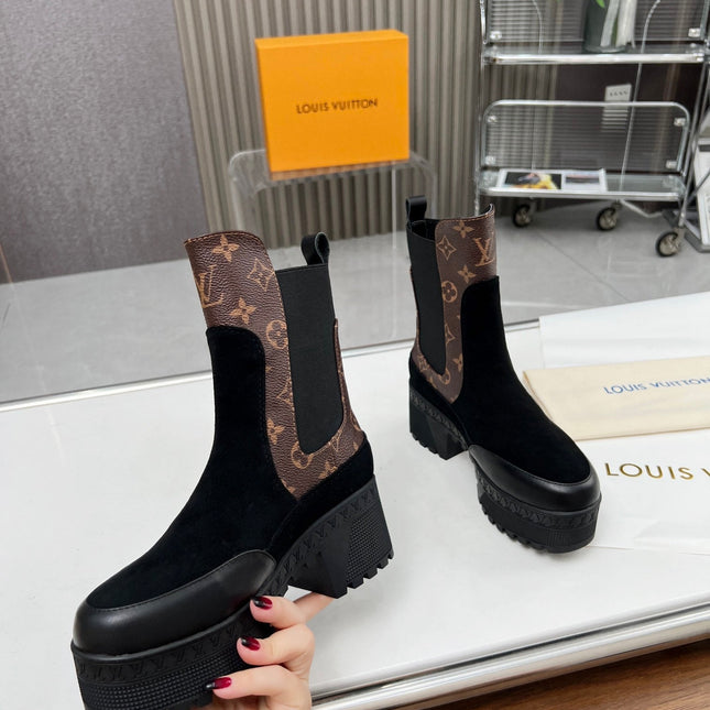LV WOMEN SHORT BOOT IN BLACK SUEDE AND CHOCOLATE BROWN CALFSKIN
