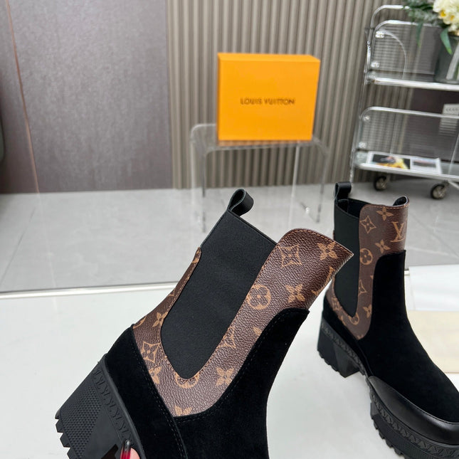 LV WOMEN SHORT BOOT IN BLACK SUEDE AND CHOCOLATE BROWN CALFSKIN
