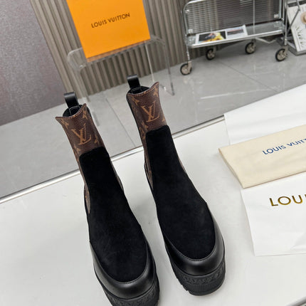 LV WOMEN SHORT BOOT IN BLACK SUEDE AND CHOCOLATE BROWN CALFSKIN