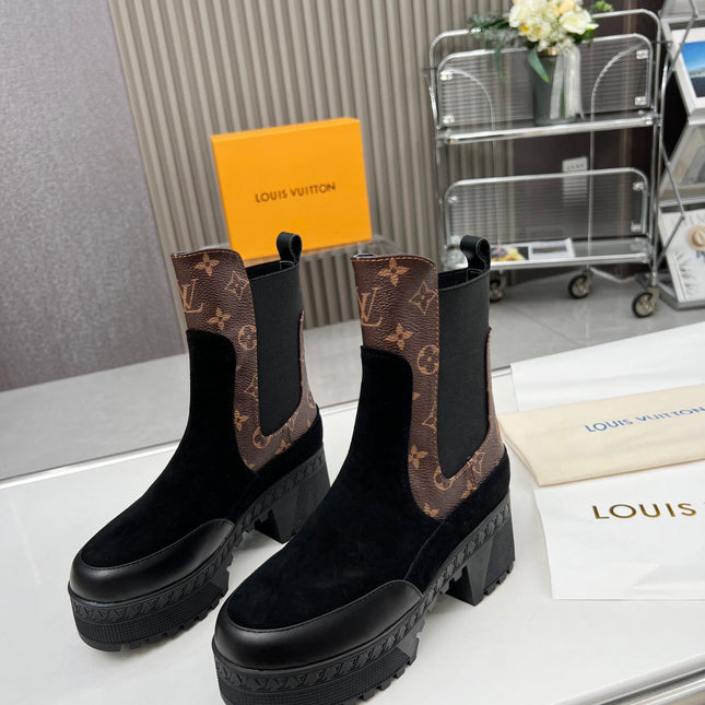LV WOMEN SHORT BOOT IN BLACK SUEDE AND CHOCOLATE BROWN CALFSKIN