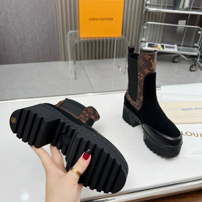 LV WOMEN SHORT BOOT IN BLACK SUEDE AND CHOCOLATE BROWN CALFSKIN