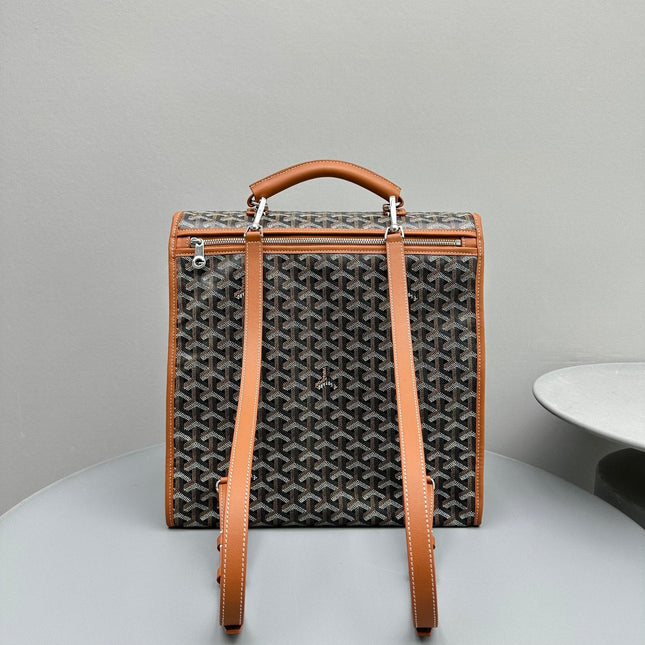LEGER BACKPACK 37 IN BLACK GOYARDINE CANVAS WITH TAN CALFSKIN TRIM