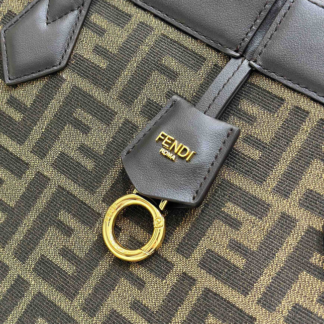 FENDI ORIGAMI LARGE 33 BROWN MIX BLACK FF JACQUARD FABRIC BAG