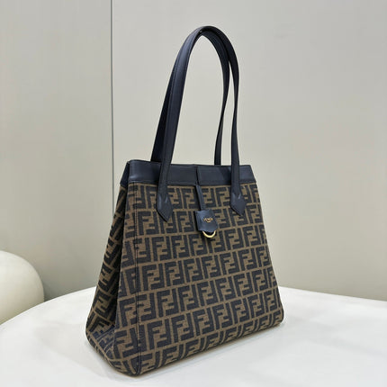 FENDI ORIGAMI LARGE 33 BROWN MIX BLACK FF JACQUARD FABRIC BAG