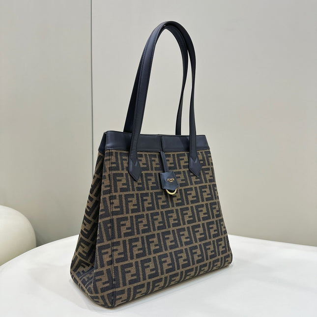 FENDI ORIGAMI LARGE 33 BROWN MIX BLACK FF JACQUARD FABRIC BAG