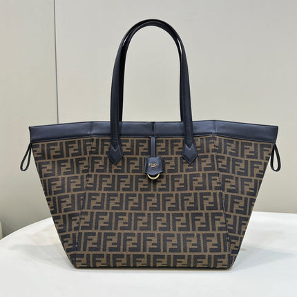 FENDI ORIGAMI LARGE 33 BROWN MIX BLACK FF JACQUARD FABRIC BAG