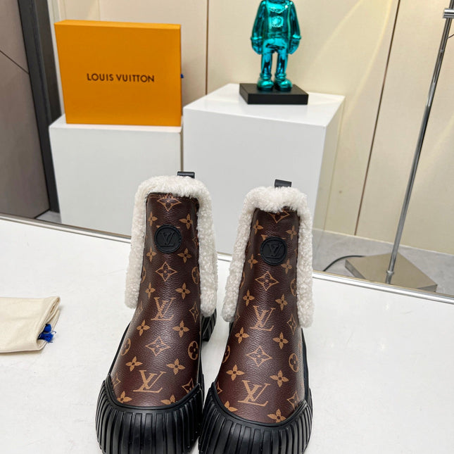 LV RUBY FLAT ANKLE BOOT IN CHOCOLATE BROWN MONOGRAM CALFSKIN AND WHITE SHEARLING