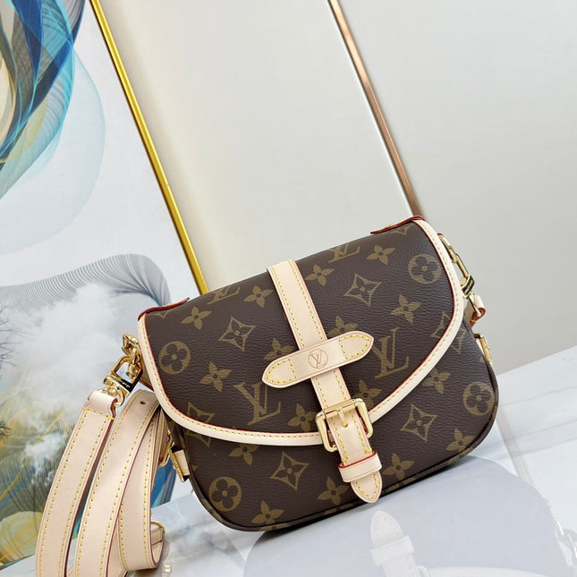 SAUMUR BB 20 BROWN MONOGRAM CANVAS AND LEATHER TRIM GOLD HARDWARE