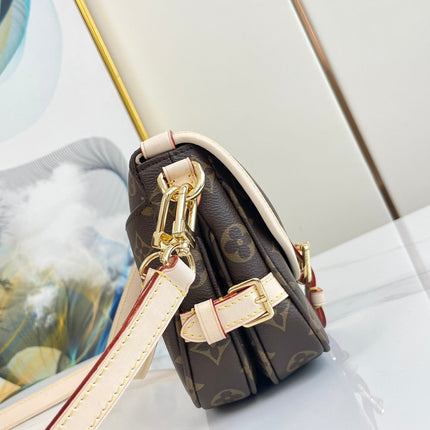 SAUMUR BB 20 BROWN MONOGRAM CANVAS AND LEATHER TRIM GOLD HARDWARE