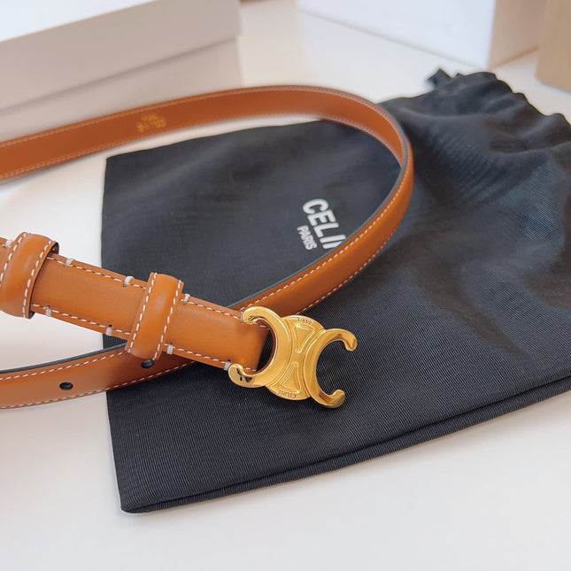 CELINE 25S TRIOMPHE BELT 18MM IN DARK CARAMEL CALFSKIN GOLD HARDWARE 580706