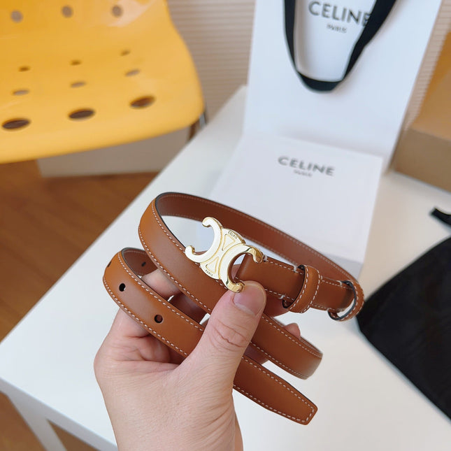 CELINE 25S TRIOMPHE BELT 18MM IN DARK CARAMEL CALFSKIN GOLD HARDWARE 580706