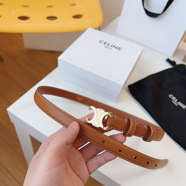 CELINE 25S TRIOMPHE BELT 18MM IN DARK CARAMEL CALFSKIN GOLD HARDWARE 580706