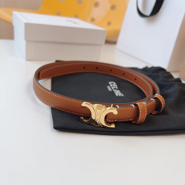 CELINE 25S TRIOMPHE BELT 18MM IN DARK CARAMEL CALFSKIN GOLD HARDWARE 580706