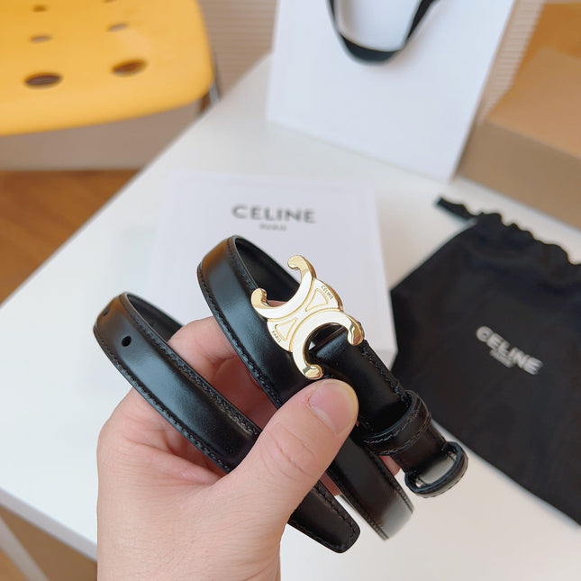 CELINE 25S TRIOMPHE BELT 18MM IN BLACK CALFSKIN GOLD HARDWARE 580707