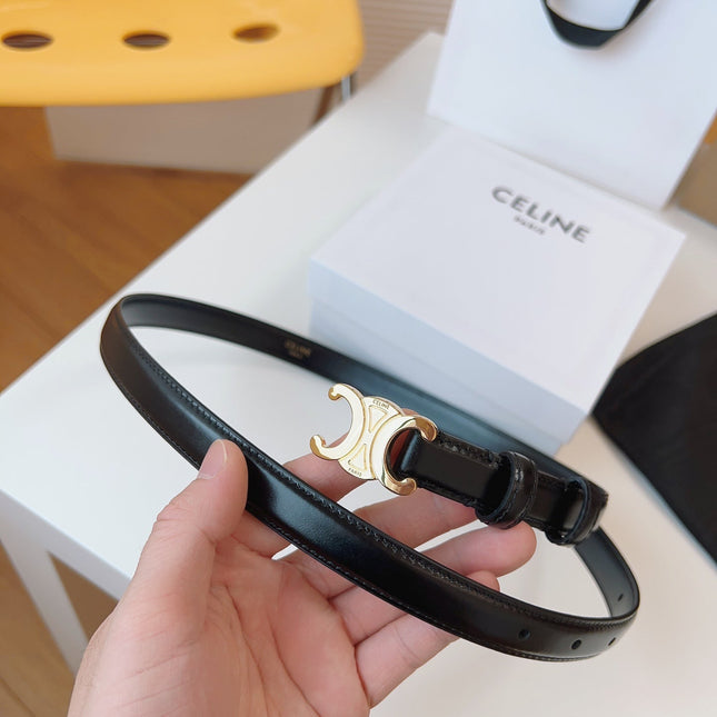 CELINE 25S TRIOMPHE BELT 18MM IN BLACK CALFSKIN GOLD HARDWARE 580707