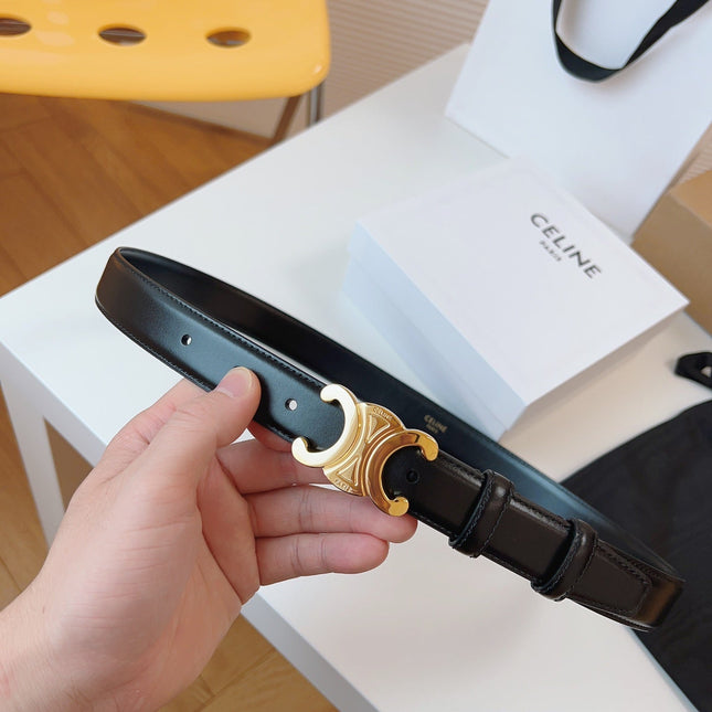 CELINE 25S TRIOMPHE BELT 25MM IN BLACK CALFSKIN GOLD HARDWARE 580705