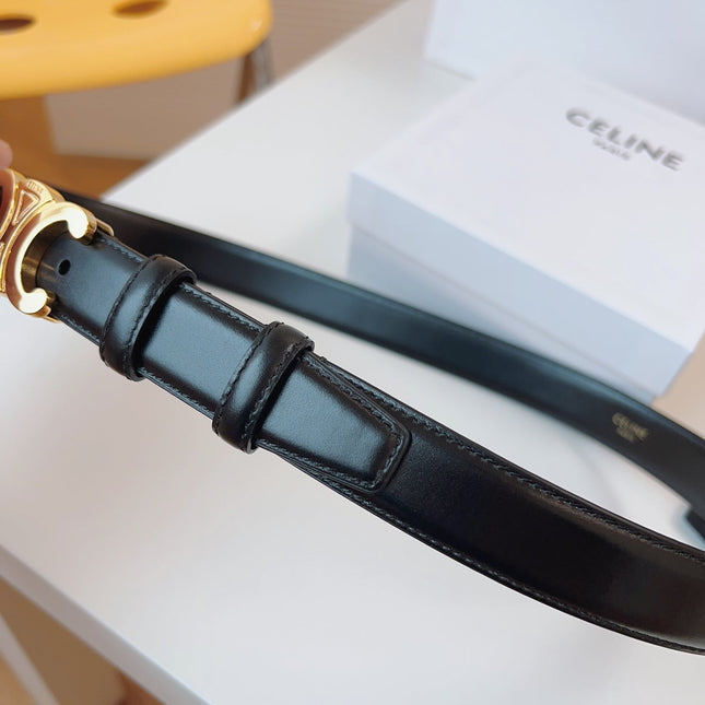CELINE 25S TRIOMPHE BELT 25MM IN BLACK CALFSKIN GOLD HARDWARE 580705